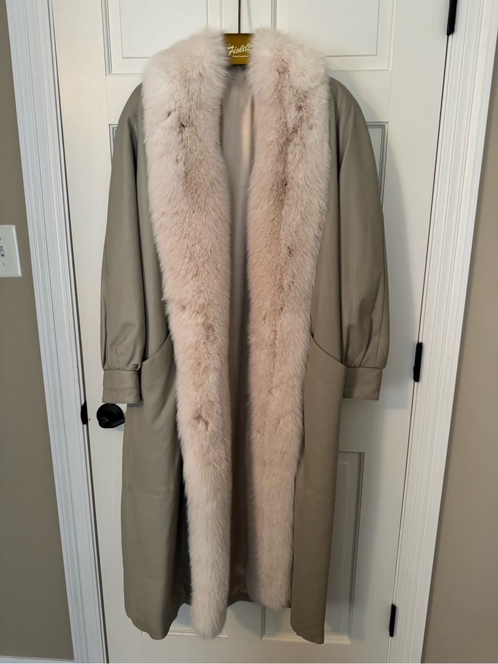 Vintage Women's Long Taupe Leather Coat with Fur Trim